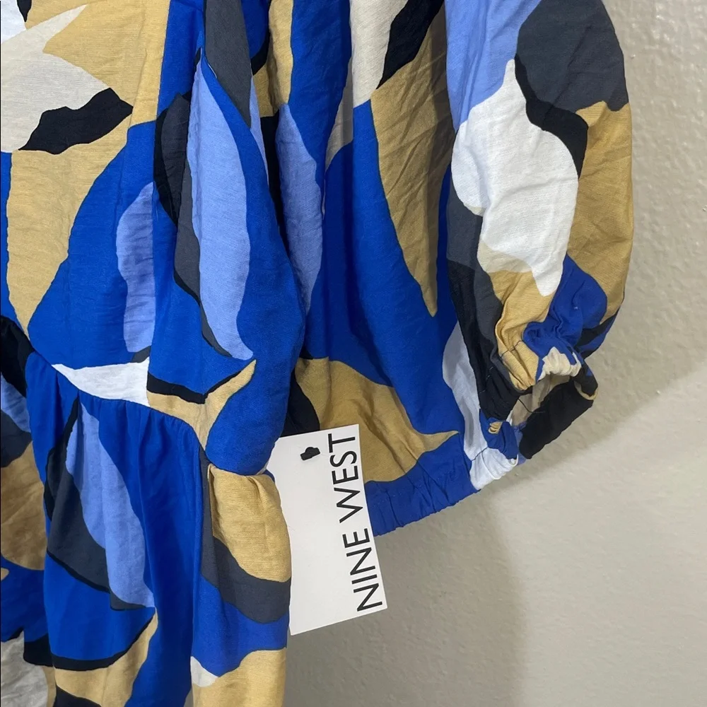 NWT Nine West Blue and Tan Patterned Blouse - Picture 2 of 5